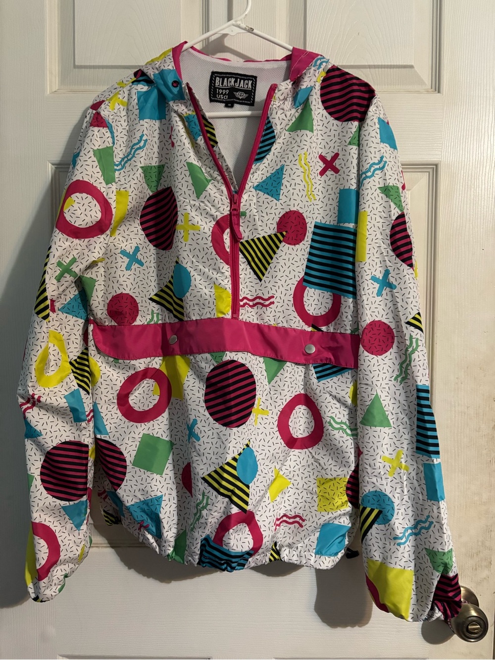 Black Jack White Geometric Print Windbreaker Jacket - Pink Accents